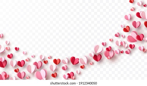 Valentine's paper confetti hearts isolated on transparent background. Vector pink and red symbols of love border for romantic banner or Happy Mother's Day greeting card design
