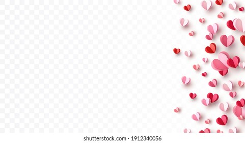 Valentine's paper confetti hearts isolated on transparent background. Vector pink and red symbols of love border for romantic banner or Happy Mother's Day greeting card design