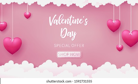 Valentines of paper craft design, contain pink hearts are holding by sting on top, soft pink background feel like fluffy in the air, Valentine's Day text is floating from back as white color