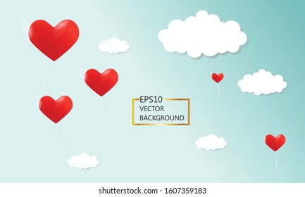 Valentines of paper craft design, contain red hearts and clouds. Happy Valentine's Day concept