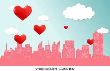 Valentines of paper craft design, contain red hearts and clouds. Happy Valentine's Day concept
