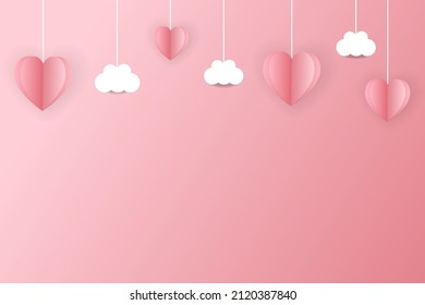 Valentines of paper craft design, contain pink hearts and clouds are holding by sting on top, soft pink background feel like fluffy in the air