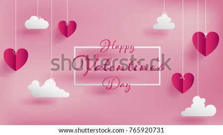 Valentines of paper craft design, contain pink hearts and clouds are holding by sting on top, soft pink background feel like fluffy in the air, Happy Valentine's Day text in middle with white border