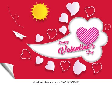 Valentines of paper craft design, Vector symbols of love for Happy Valentine's Day greeting card . Elements in shape of heart and Paper plane flying on background