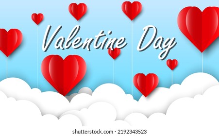 San Valentín en estilo corte de papel y diseño vectorial en fondo azul el día de San Valentín se escribe con corazones rojos y nubes blancas como flotando.