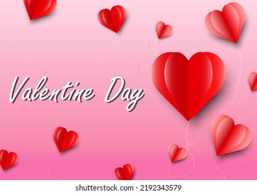 Valentines in paper cut style and vector design on pink background Valentine's Day is written with a red heart floating like a transparent ball with a rope hanging over it.