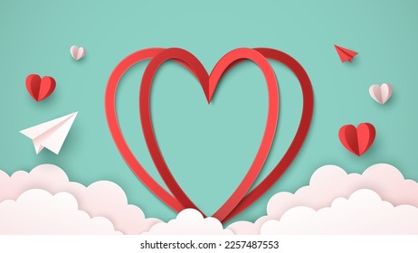 Valentine's papercut of red hearts frame decorative with paper plane hearts in the clouds on pastel colors. Creative vector design for Women's, Mother's, Valentine's Day and Birthday greeting card