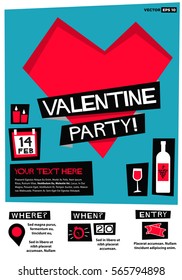 Valentine's Party! (Flat Style Vector Illustration Love Poster Design) Event Invitation with Venue and Time Details 14 February