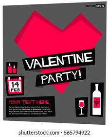 Valentine's Party! (Flat Style Vector Illustration Love Poster Design) with Text Box Template  14 February