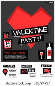 Valentine's Party! (Flat Style Vector Illustration Love Poster Design) Event Invitation with Venue and Time Details 14 February