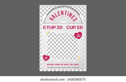 Valentines Party Flyer. Valentines Day greeting card. Trendy minimalist aesthetic design with hearts, typograpty and lettering. Template for invitation, cover, banner, poster, flyer. 