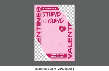 Valentines Party Flyer. Valentines Day greeting card. Trendy minimalist aesthetic design with hearts, typograpty and lettering. Template for invitation, cover, banner, poster, flyer. 