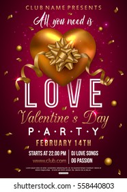 Valentines party flyer design with gold heart bow ribbon. Vector illustration.