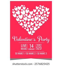 Valentine's party invitation banner or poster decorated with cute white hearts on a delicate red background. Leaflet or flyer for disco dance event to celebrate the Saint Valentine Day on February 14.