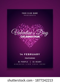 Valentine's party invitation card, flyer, or poster design with glowing heart fireworks