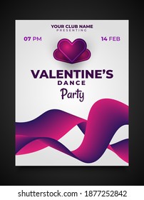 Valentine's party invitation card or poster design with purple hearts and wave ornaments