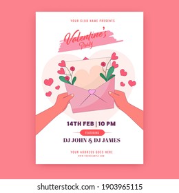 Valentine's Party Invitation, Flyer Design With Hand Holding Love Envelope On White Background.