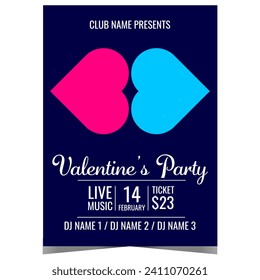 Valentine's party invitation poster or banner with two hearts that look like kissing lips. Romantic event invite to the disco dance club to celebrate the Feast of Saint Valentine. Vector illustration.