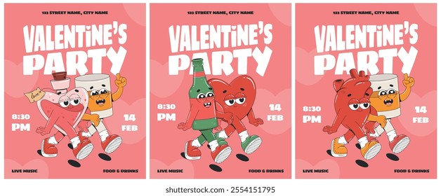 Valentine's party invitation set with groovy cartoon characters. Heart, love potion, beer bottle, whiskey. Design for flyer, greeting card, banner, poster. Love concept.