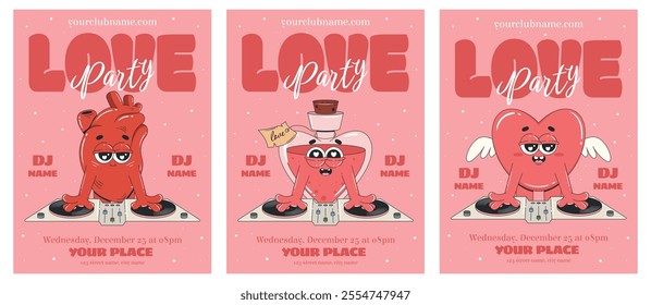 Valentine's party invitation set with groovy cartoon characters as a DJ. Heart, love potion. Design for flyer, greeting card, banner, poster. Love concept.