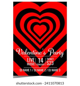 Valentine's party invite banner or poster with hypnotic abstract red hearts on black background. Invitation to celebrate the Feast of Saint Valentine on February 14 in disco night club.