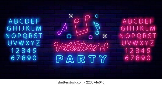 Valentines party neon label. Music notes. Luminous pink and blue alphabet. February holiday celebration. Glowing invitation. Night club event. Vector stock illustration