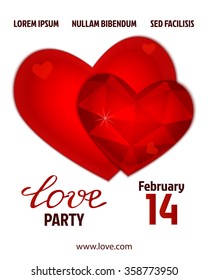 Valentines party poster design. Template of invitation, flyer, poster or greeting card. Love handwritten text with red crystall background. Vector illustration.