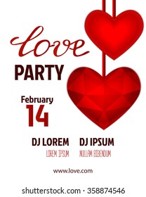 Valentines party poster design. Template of invitation, flyer, poster or greeting card. Love handwritten text with red crystall background. Vector illustration.