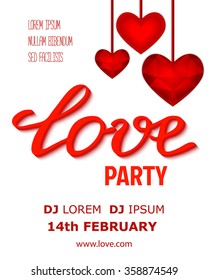 Valentines party poster design. Template of invitation, flyer, poster or greeting card. Love handwritten text with red crystall background. Vector illustration.