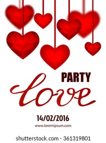 Valentines party poster design. Template of invitation, flyer, poster or greeting card. Love handwritten text with red crystall background. Vector illustration.
