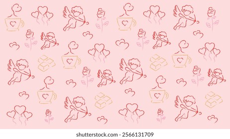 Valentines Pattern Background, Cupid Icon, Coffe Love Icon, Rose Icon, Chocolate Icon