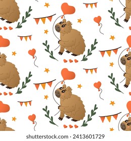 Valentines pattern with capybara with balloon. Cute flat animal cartoon characters with flags, floral branches, stars. St Valentines day or happy birthday concept pattern on white background