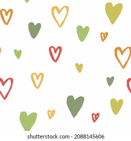 Valentine's pattern, hand drawn colorful hearts upon white background. Vector seamless patterns with big and small hand drawn hearts. Cute romantic pattern for wrapping paper, textile, backgrounds