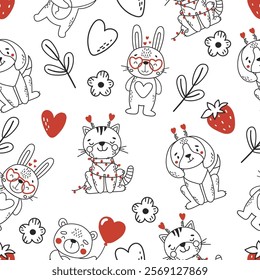 Valentines pattern, love line animals seamless pattern