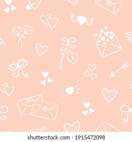 Valentines pattern, wallpaper, background. Wedding, engagement, love celebration. Pink and white hand drawn doodles. Love, hearts, seamless vector pattern.