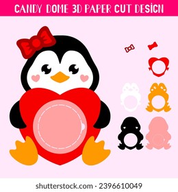 Valentines Penguin candy dome holder with heart. Paper cut template. Vector illustration. Cute holiday symbol. 3D layered Valentines ornament for sweets.
