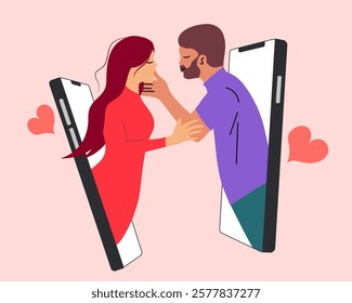 Valentine's Day. Dating phone app concept. Couples, lovers communicate online, flirt in chats. Flat isolated vector illustration.