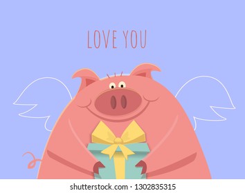 Valentine's pig with wings and present on cute blue backgraund. Lettering love you. Vector illustration