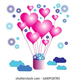 Valentines pink heart balloons. Vector poster design with a basket of blue snowflakes and blue clouds for valentines day. Vector illustration. 