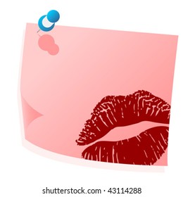 Valentines pink note with lipstick mark over white