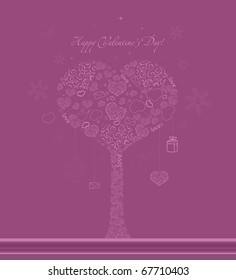 Valentines pink vector background with tree, hearts and snowflakes