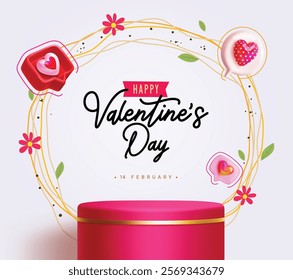 Valentine's podium clipart template design. Happy valentine's day greeting card with red podium stage in flowers and speech bubble background for product presentation clip art. Vector illustration 