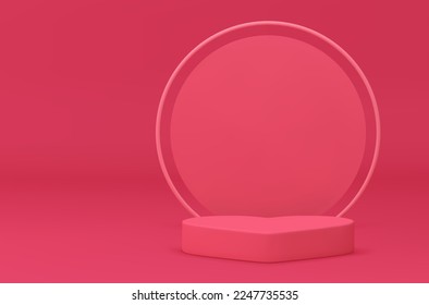 Valentines podium pink 3d stage romantic holiday festive celebration award arena realistic vector illustration. Pedestal basic construction romance heart premium basic foundation competition victory