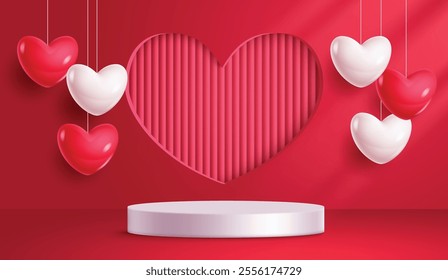 Valentines podium stage clipart design. Valentine heart red shape hanging balloon and paper cut background with cylinder platform banner. Vector illustration valentine's day clip art.
