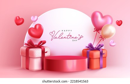 Valentine's podium vector background design. Happy valentine's day text in empty space with stage and gift box for product display presentation. Vector Illustration.
