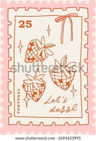 Valentines postage stamp print with disco strawberry. Cute Valentines day card, poster design in trendy whimsical line art style. Fun red and pink wall art decoration. Vector love letters illustration