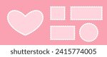 Valentines postage stamp set. Pink post stamp frame and border. Heart, square and circle shapes for mail, postcard, letter. Vintage Jagged wavy edge forms for poster, banner, badge, sticker. Vector