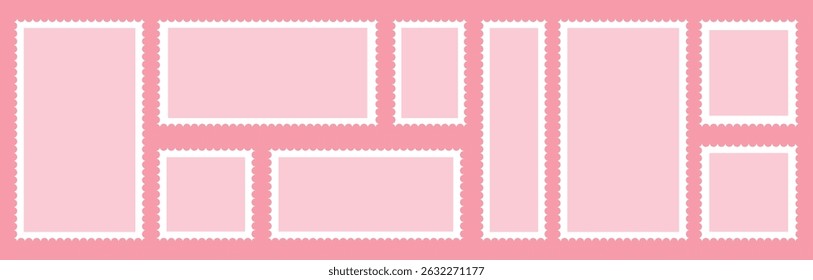 Valentines postage stamp set. Pink post stamp frame and border.  square and Rectangular shapes for mail, postcard, letter. Vintage Jagged wavy edge forms for poster, banner, badge, sticker. Vector