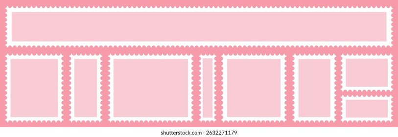Valentines postage stamp set. Pink post stamp frame and border.  square and Rectangular shapes for mail, postcard, letter. Vintage Jagged wavy edge forms for poster, banner, badge, sticker. Vector