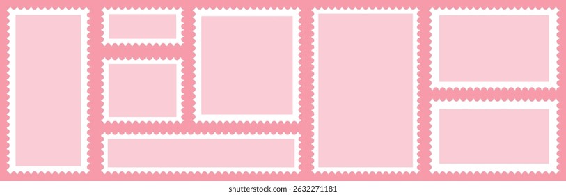 Valentines postage stamp set. Pink post stamp frame and border.  square and Rectangular shapes for mail, postcard, letter. Vintage Jagged wavy edge forms for poster, banner, badge, sticker. Vector